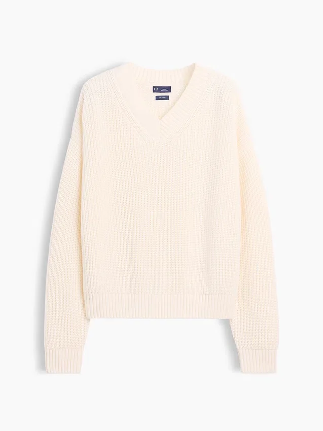 100 % bavlněný oversized svetr s výstřihem do V a vzorem „Shaker“