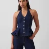 Džínová přiléhavá halter top s peplumem