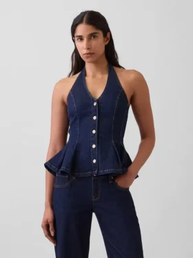 Džínová přiléhavá halter top s peplumem
