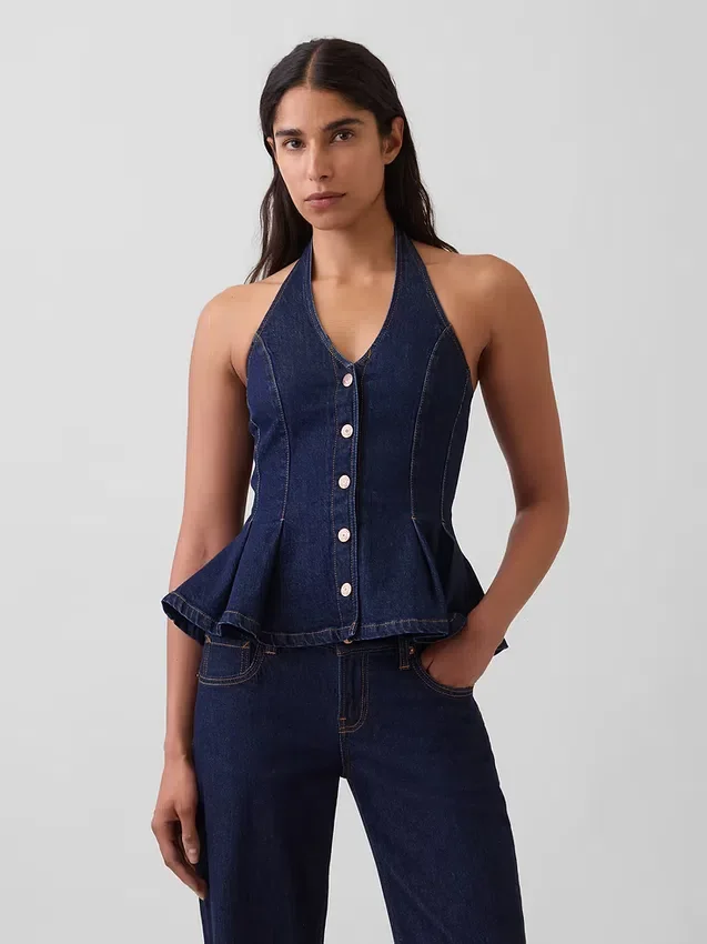 Džínová přiléhavá halter top s peplumem