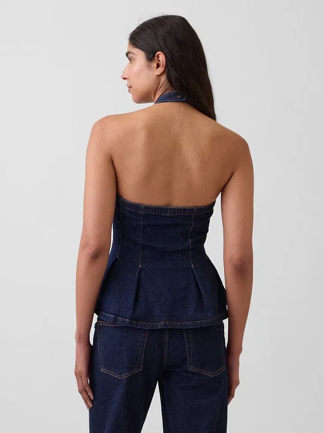 Džínová přiléhavá halter top s peplumem