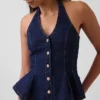 Džínová přiléhavá halter top s peplumem
