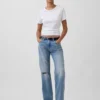 Džíny s středně vysokým pasem, pevné a volné, rovného střihu