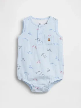 Dětské bavlněné gázové body s kapeskem a výstřihem Henley