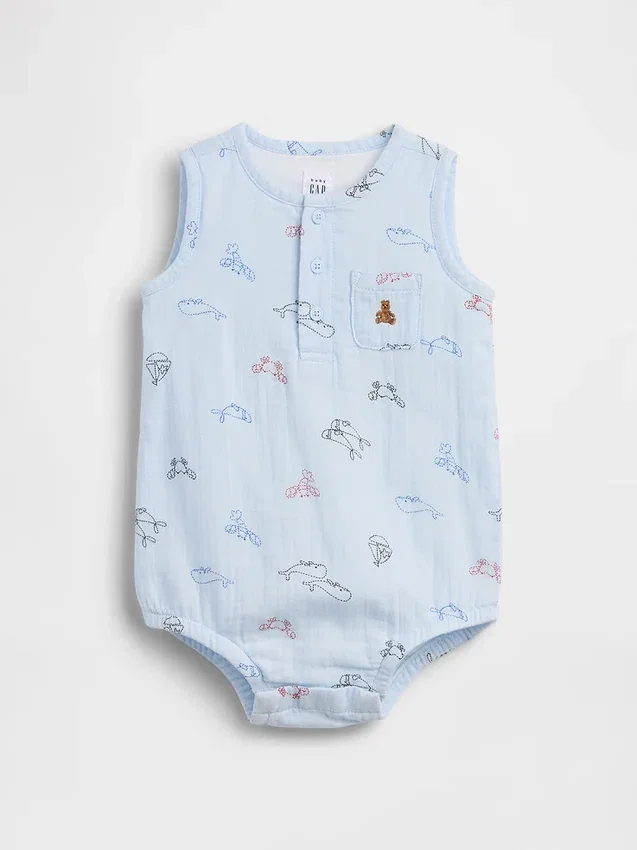 Dětské bavlněné gázové body s kapeskem a výstřihem Henley