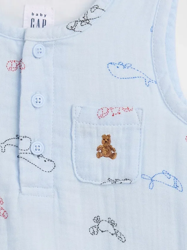 Dětské bavlněné gázové body s kapeskem a výstřihem Henley