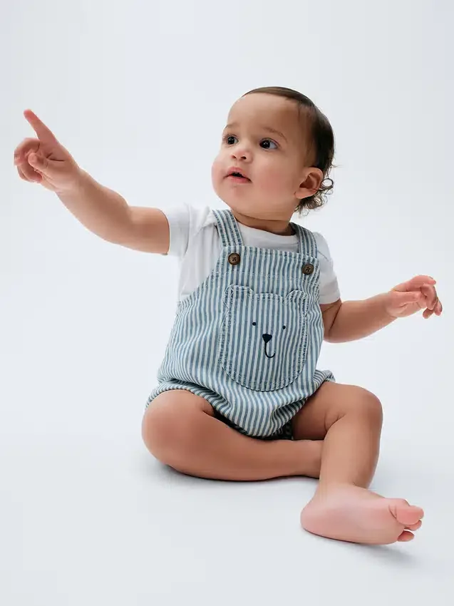 Dětské džínové pruhované kombinézy s medvědí kapsou