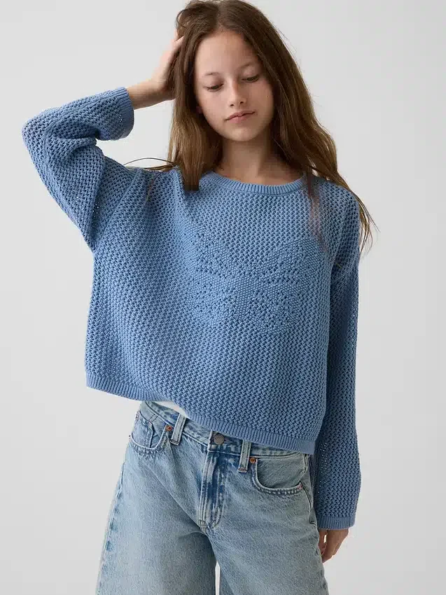Dětský háčkovaný oversized svetr s potiskem