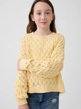 Dětský háčkovaný svetr s kulatým výstřihem v oversized střihu