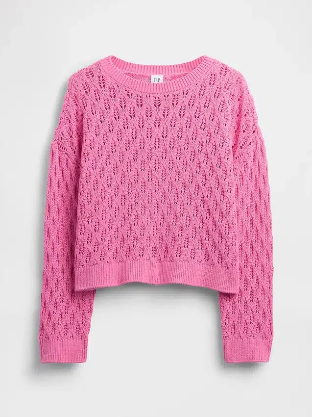 Dětský háčkovaný svetr s kulatým výstřihem v oversized střihu