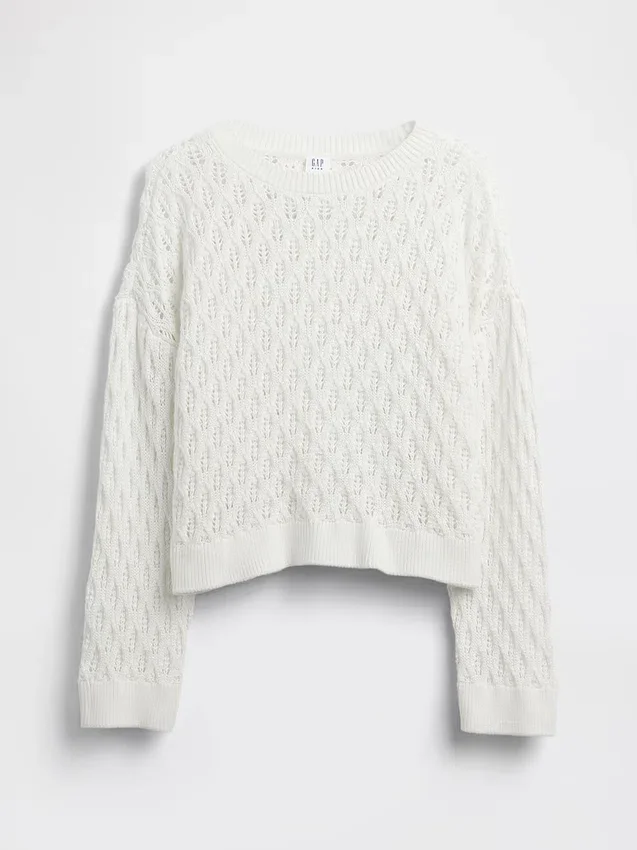 Dětský háčkovaný svetr s kulatým výstřihem v oversized střihu