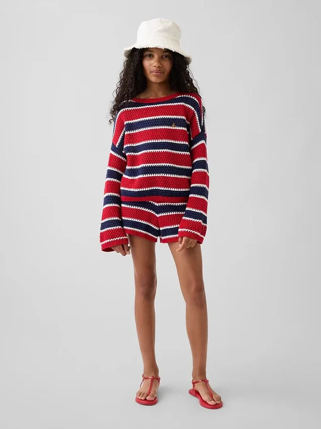 Dětský háčkovaný svetr s pruhy v oversized střihu