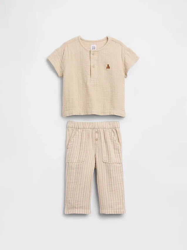 Dětský komplet s tričkem Henley z bavlněné gázy