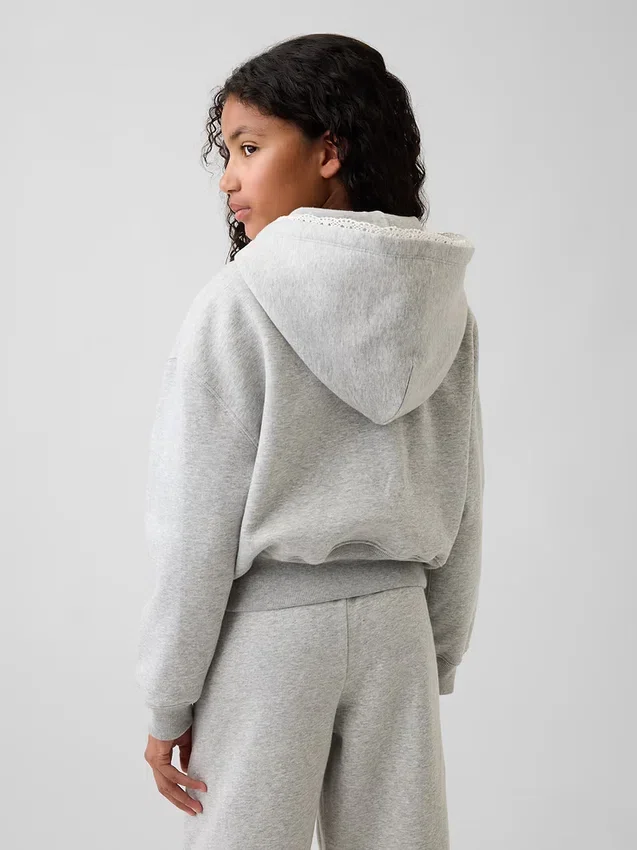 Dětská mikina s kapucí Vintagesoft s volným střihem a krajkovým lemem