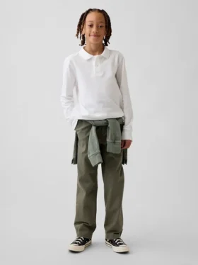 Dětské moderní uniformní kalhoty s volným rovným střihem v khaki barvě