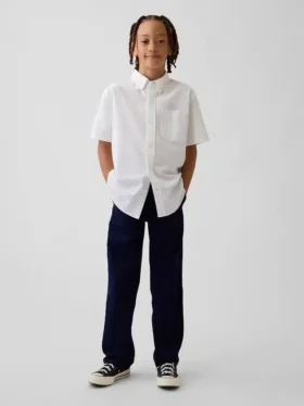 Dětské moderní uniformní kalhoty s volným rovným střihem v khaki barvě