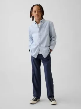Dětské moderní uniformní kalhoty s volným rovným střihem v khaki barvě