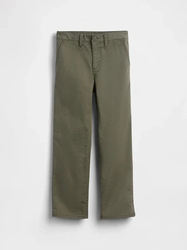 Dětské moderní uniformní kalhoty s volným rovným střihem v khaki barvě