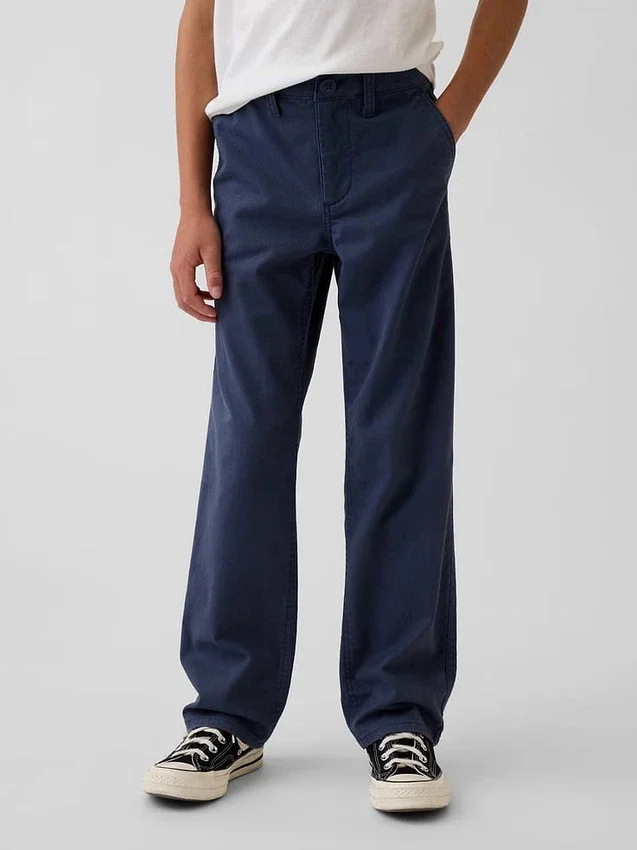 Dětské moderní uniformní kalhoty s volným rovným střihem v khaki barvě