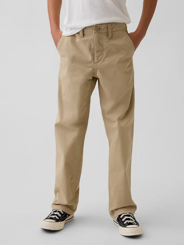 Dětské moderní uniformní kalhoty s volným rovným střihem v khaki barvě