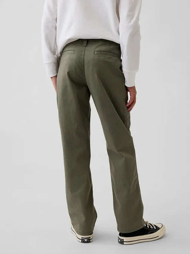 Dětské moderní uniformní kalhoty s volným rovným střihem v khaki barvě