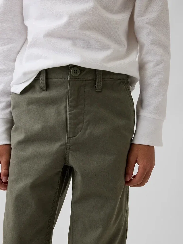 Dětské moderní uniformní kalhoty s volným rovným střihem v khaki barvě