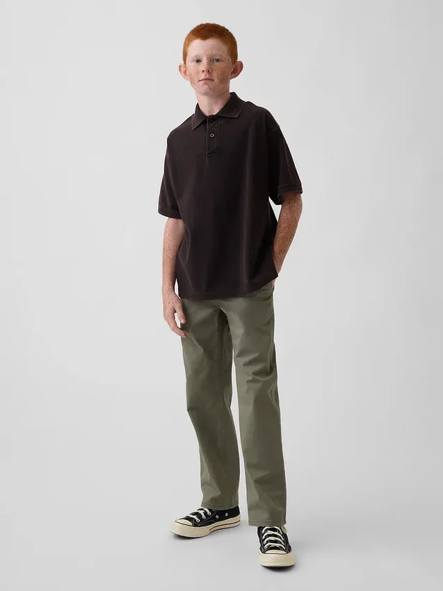 Dětské moderní uniformní kalhoty s volným rovným střihem v khaki barvě