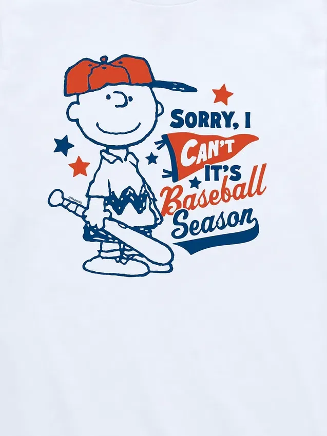 Dětské tričko s krátkým rukávem Peanuts Charlie Brown „Sorry I Can’t“ s motivem baseballové sezóny v šortkách