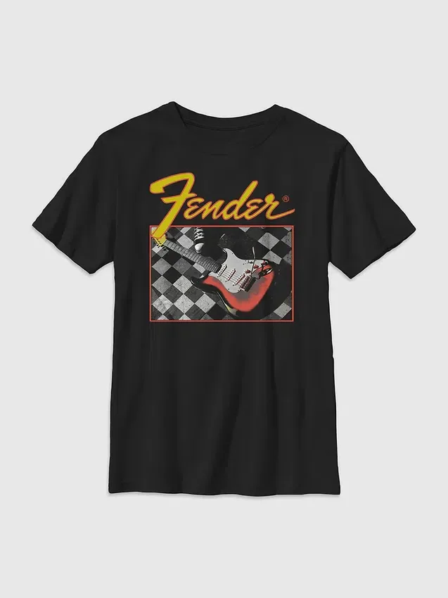 Dětské tričko s kytarou a kostkovaným vzorem Fender