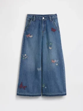 Dětské volné džíny s nízkým pasem a výšivkou