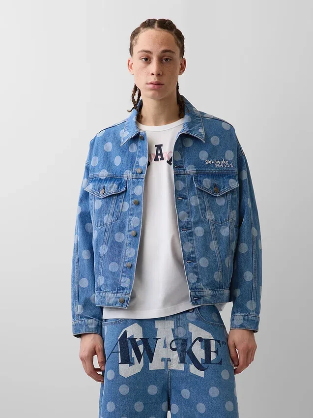 GAP × Awake NY Oversized džínová bunda s ikonickým puntíkovaným vzorem
