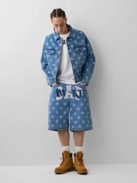 GAP × Awake NY Oversized džínová bunda s ikonickým puntíkovaným vzorem