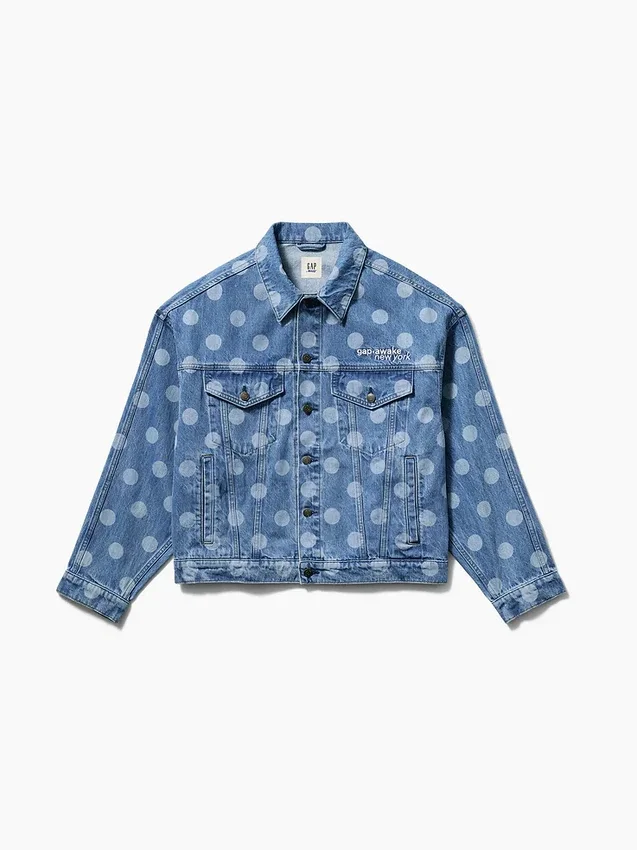 GAP × Awake NY Oversized džínová bunda s ikonickým puntíkovaným vzorem