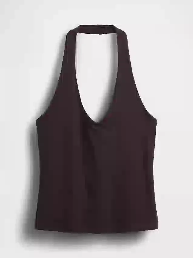 Krátký top s halterovým výstřihem z husté pleteniny
