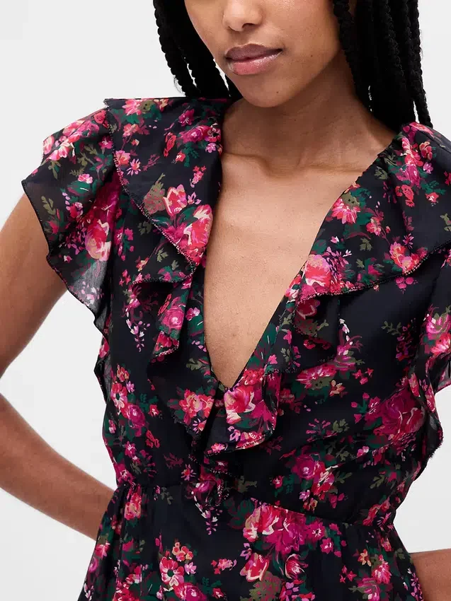 Maxi šaty s volánky a výstřihem do V