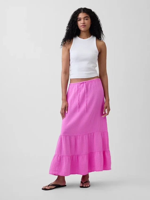 Maxi sukně z bavlněné gázy s volánky