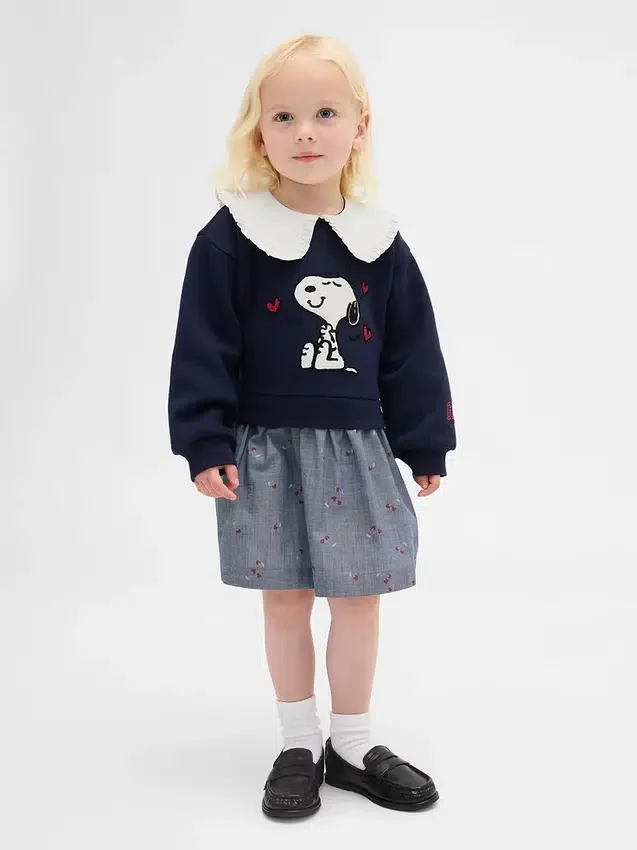 Miminka a Batolata - mikinové šaty Snoopy s volánkovým límcem