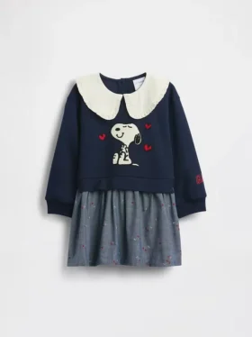 Miminka a Batolata – mikinové šaty Snoopy s volánkovým límcem