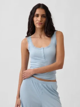 Mini žebrované krajkové pyžamové tílko s výstřihem Henley