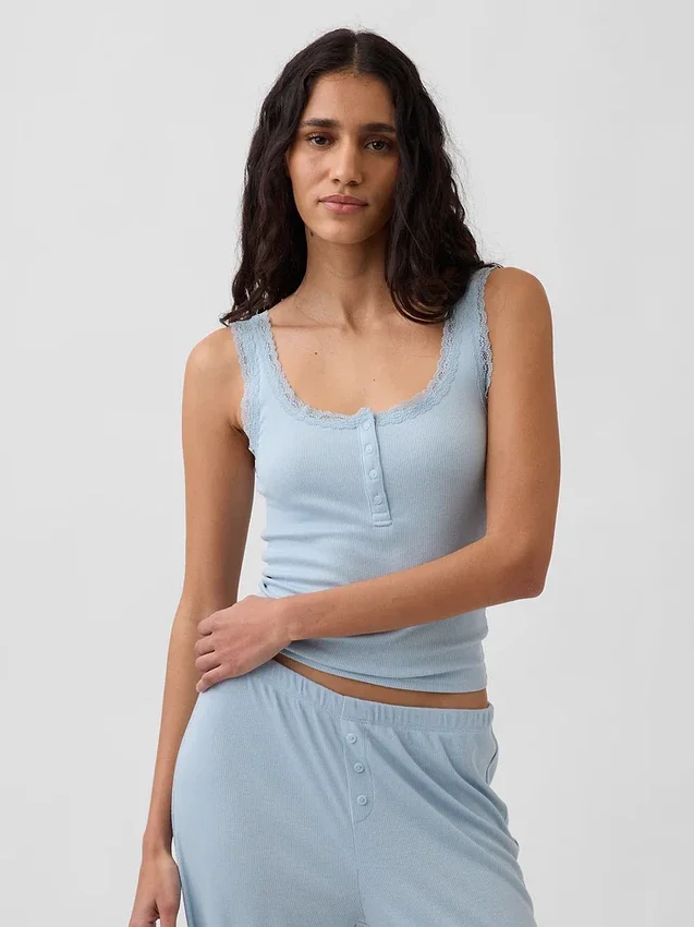 Mini žebrované krajkové pyžamové tílko s výstřihem Henley