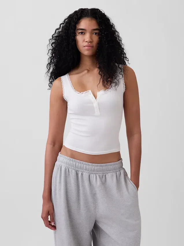 Mini žebrované krajkové pyžamové tílko s výstřihem Henley