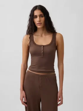 Mini žebrované krajkové pyžamové tílko s výstřihem Henley