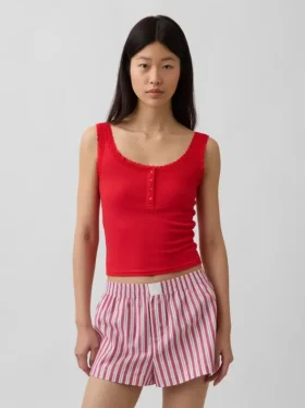 Mini žebrované krajkové pyžamové tílko s výstřihem Henley
