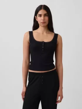 Mini žebrované krajkové pyžamové tílko s výstřihem Henley