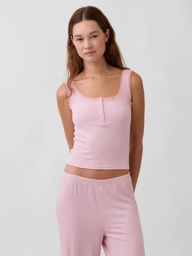 Mini žebrované krajkové pyžamové tílko s výstřihem Henley