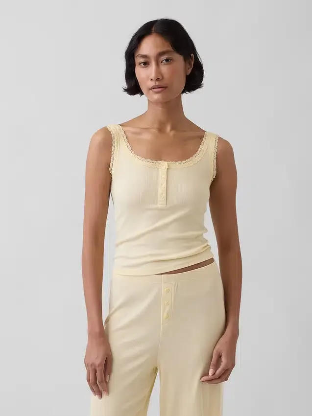 Mini žebrované krajkové pyžamové tílko s výstřihem Henley