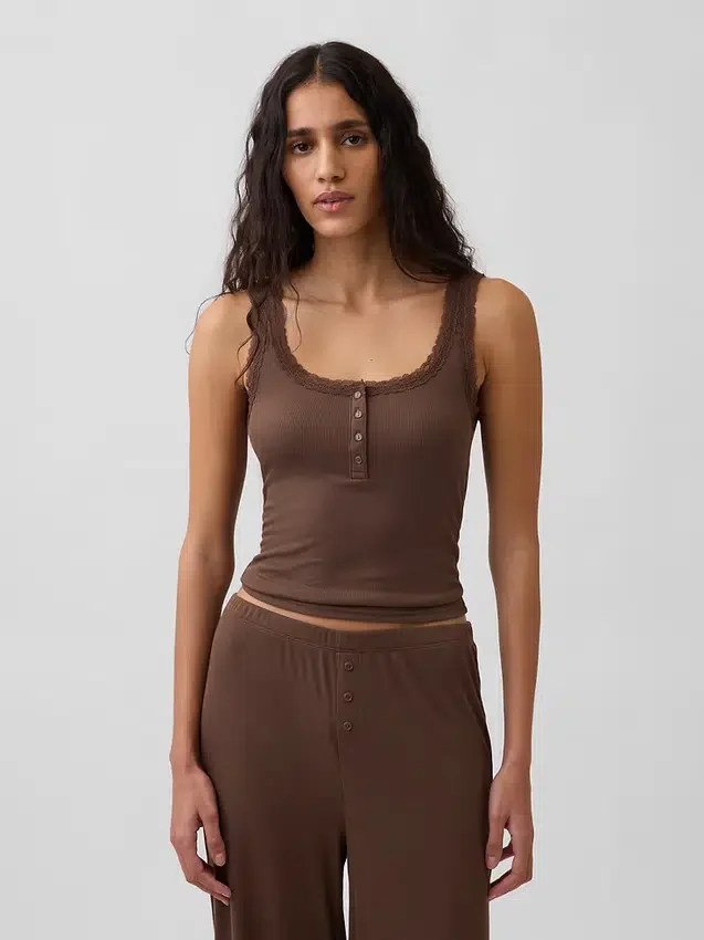 Mini žebrované krajkové pyžamové tílko s výstřihem Henley