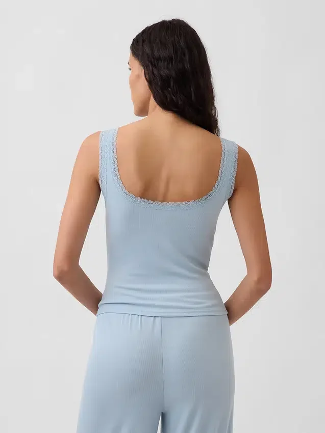 Mini žebrované krajkové pyžamové tílko s výstřihem Henley