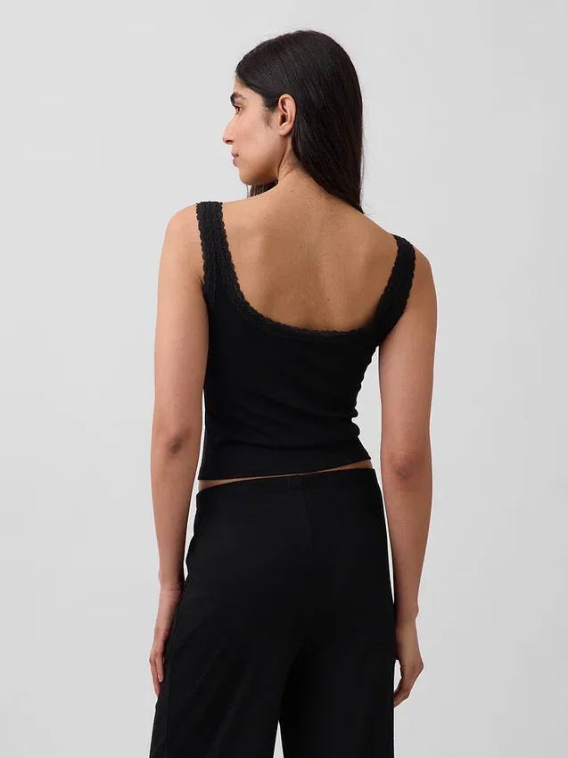 Mini žebrované krajkové pyžamové tílko s výstřihem Henley