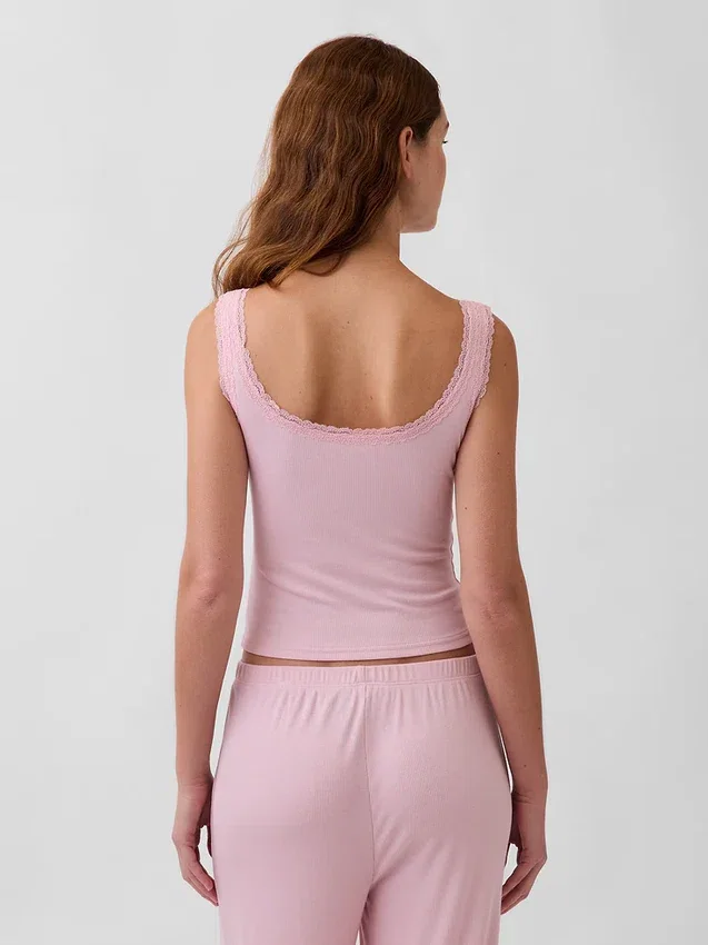Mini žebrované krajkové pyžamové tílko s výstřihem Henley